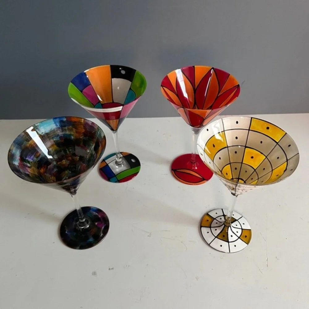 Martini Glasses Hand Painted Colorful Art Glass MCM Cocktail Barware Set Patio‎